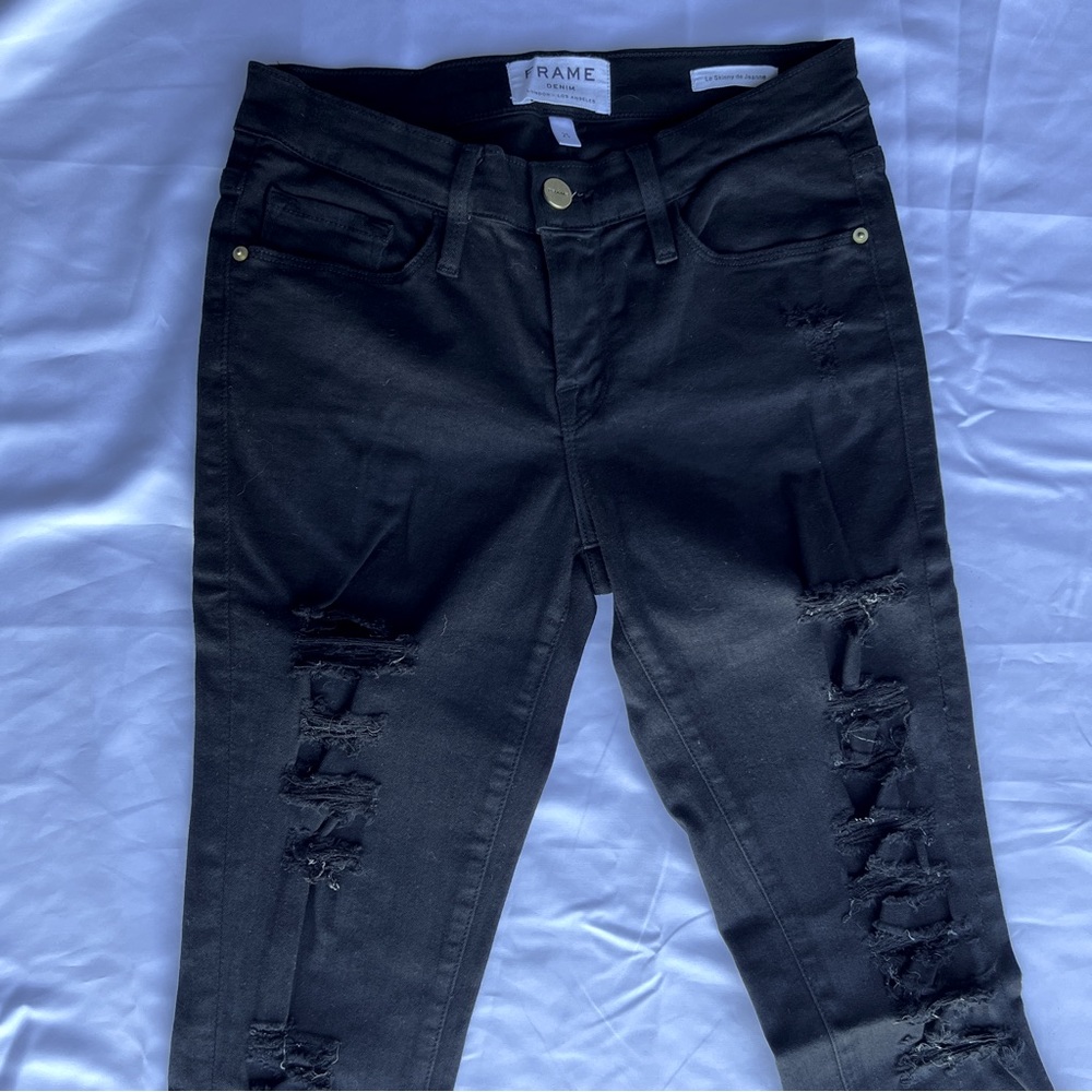 FRAME Denim Le Skinny de Jeanne Jeans in Jefferson Noir Women 25 Distressed Leg - Picture 6 of 12